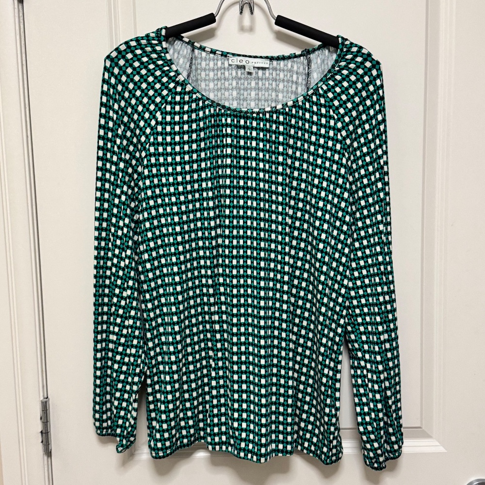 Cleo Petites Blouson Top (L) Long Sleeve Elastic Hem Viscose Stretch Geometric